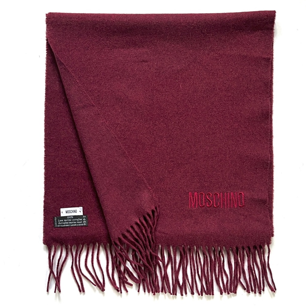 Large Moschino 100% Merino Wool Scarf Italy Unisex Maroon Burgundy Wine Merlot